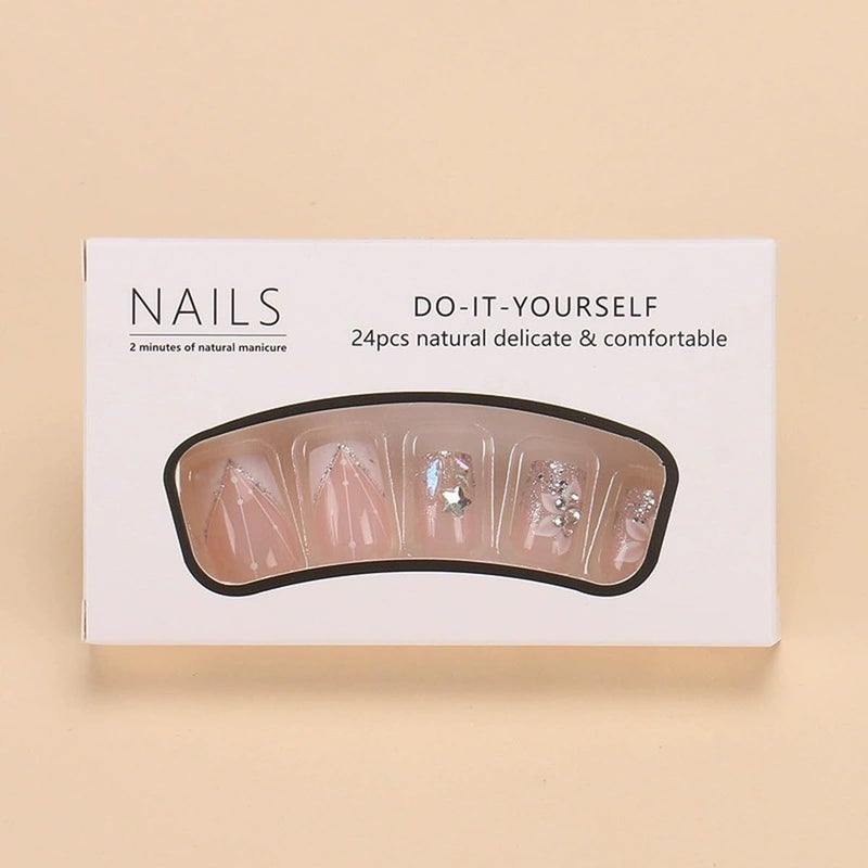 juggssa French Press on Nails Medium Square Fake Nails White French Tip Nails Press on False Nails with Flower Glitter Designs Nude Pink Acrylic Fake Nails Kits Spring Glue on Stick on Nails for Women 24PCS - Image 2